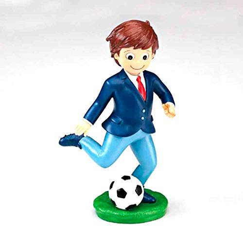 Figura para tarta de Comunión, niño con balón de fútbol. Muñeco pastel de Primera Comunión.