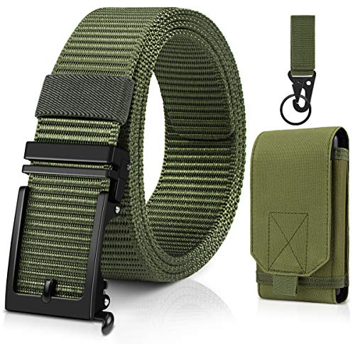 BESTKEE Unisex Gürtel Canvas Ratschengürtel mit Automatischer Gürtelschnallen, Geschenk mit Taktischem Molle-Beutel und Haken (Grün)