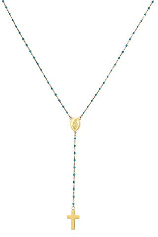 JewelryWe Schmuck Halskette Damen Jesus Kreuz Kruzifix Edelstahl Anhänger mit Lange Rosenkranz Perlen Kette für Frauen Männer Ostern Geschenk Gold Blau