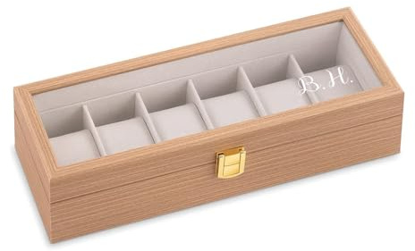 Maverton Uhrenkoffer mit Gravur für 6 Uhren - Uhrenschatulle - personalisiert - Uhrenaufbewahrungsbox aus Holz - braun 31x11x8cm - Geburtstagsgeschenk für Männer - Initiale