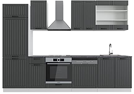 Vicco Mueble de Cocina Fame-Line, Antracita casa de Campo/Blanco, 300 cm sin encimera