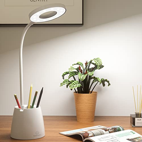 BNGXR Lampe de Bureau LED, Lampe de Bureau Enfant Dimmable 3 Niveaux de Luminosité Protection des Yeux Col de Cygne Contrôle Tactile Lampe de Bureau Sans Fil USB Recharge, Porte Stylo Téléphone