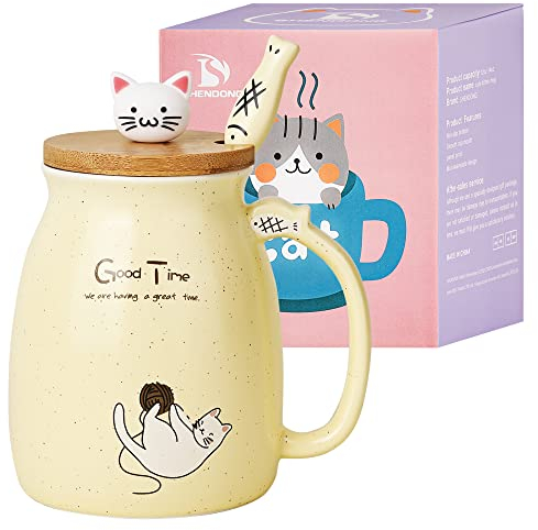 Katze-Becher Süße Kaffeetasse aus Keramik mit Kawaii-Katze Holzdeckel und schöner Löffel aus Edelstahl Neuheit Morning CupKaffee-Milch-Tee-Becher - 3D-Tier Katzen-Tassen für Katzenliebhaber Frau