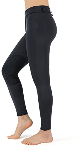 beroy Women Horse Riding Knee-Patches Pants Ladies Equestrian Front-Zip Breeches Legging with Pockets(Black, L)