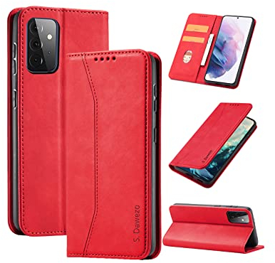 S. Dawezo Hülle für Samsung Galaxy A72, Premium Leder magnetische Handyhülle mit Ständer, Kartenfach und Brieftasche, Shock Absorbing, kompatibel mit Samsung A72-Rot