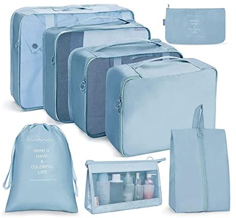 OSDUE Koffer Organizer Set 8-teilig, Packing Cubes, Wasserdichte Reise Kleidertaschen, Packtaschen für koffer, Verpackungswürfel mit Kosmetiktasche, Schuhbeutel, USB Kabel Tasche (Blau)