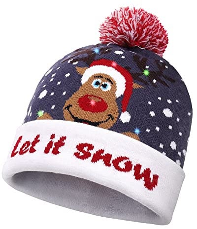 Diealles Shine Weihnachten Mütze mit LED Licht, Leicht Weich Beanie Mütze, Warme Wintermütze, Xmas StrickmüTZE für Damen und Herren Kinder(REH)