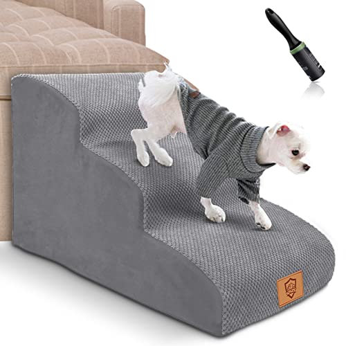 Myiosus Dog Steps for Bed, Non-Slip Dog Stairs for Small Dogs and Cats, High Density Foam Pet Ramp Ladder with Removable Washable Cover, 3 Steps for Dogs to Get on the Bed Sofa, 60x40x40cm