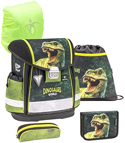Belmil Schulranzen Set 5 - teilig ergonomischer Schulranzen Set mit Regenschutz 1. klasse 2. klasse 3. klasse - Super Leicht 930-990 g/Grundschule (Dinosaur World 2)