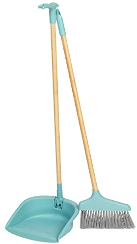 Salter LASAL71458C2EU7 Dustpan and Brush Set, Long Handle Broom, Hard Floor Sweep, Freestanding Lightweight Foldable Sweeper, FSC®-Certified Bamboo, Recycled Plastic, Cool Hues Collection, Blue/Grey