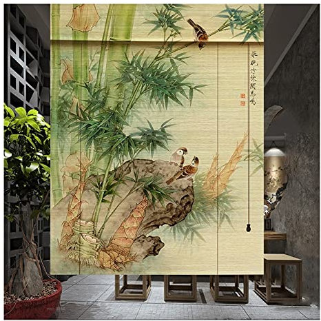 Bamboo Shades For Windows, Bamboo Roller Blinds Japanese-Style Partitions Vintage Printed Curtains Home Tea Room Restaurant Support Customization (Color : Natural, Size : 130x150cm)