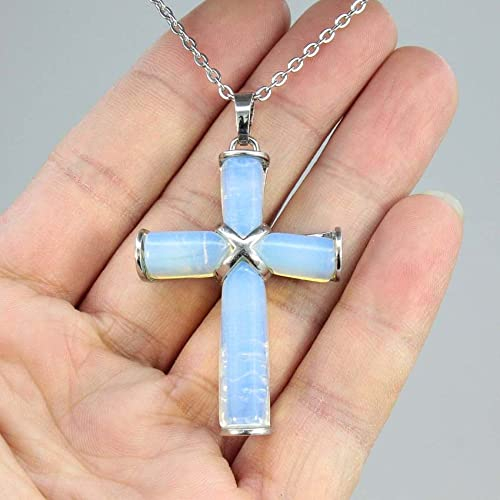OLGER Locket Necklace, Kreuz Anhänger Halskette Opalite Opal Reiki Balance Heilkristall Vintage Halskette Edelstein Freundschaft Halskette Amulett Schmuck Für Frauen Männer Mädchen Geschenk