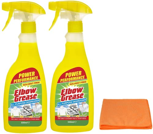 2X Elbow Grease All-purpose Degreaser Spray- 2X 500 ml- Effective Cleaner Formula for Kitchen, Fabric, and Metallic Surfaces with Ultra Absorbent Microfibre Cleaning Cloth