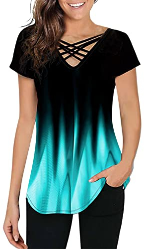 Oberteile Damen Elegant Kurzarm T-Shirt Sexy V-Ausschnitt Kreuz Bandgae Oberteile T Shirt Große Größen Gradient Farbig Locker Lässig Longshirt Bluse Tunika Top Blusen & Tuniken für Frauen