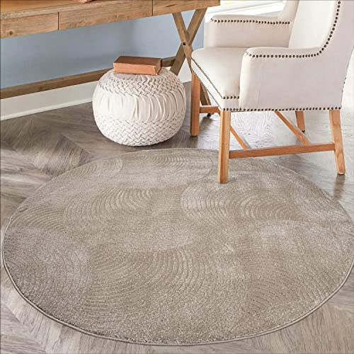 carpet city Teppich Wohnzimmer 200 cm Rund - Beige - Kurzflor, 3D-Effekt, Glanzgarn - Geo-Muster, Kreise - Moderne Teppiche Schlafzimmer, Flur, Esszimmer