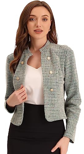 Allegra K Vintage Tweed Jackets for Women's Stand Collar Business Open Front Cropped Blazer Jacket Medium Beige