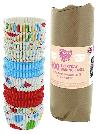 Baked with Love 50mm Birthday Cupcake Cases - 300 Pack | Greaseproof Paper, Multicoloured Balloons, Presents, Stripes, Confetti Print, 37mm Height, 50 Cases Per Colour