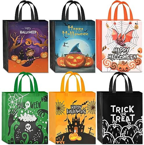 AhfuLife Halloween Geschenktüte Tasche Groß, 6 Stk Halloween Süßigkeit Süßes Taschen mit Griffen für Trick or Treat, Halloween Tüten Partyzubehör Eimer, Halloween Non Woven Tüten Deko Kinderparty