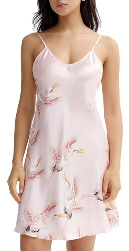 ARCFEETORY Nuisette Satin pour Femme Chemise de Nuit avec Col en V Lingerie Robe de Nuit Bretelles Spaghetti Reglables Sling Pyjama Grue Rose XXXL