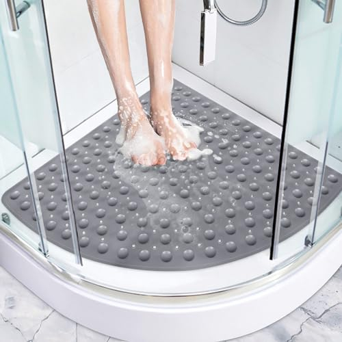 Duschmatte rutschfest Dreieckig 70x70 cm, PVC Viertelkreis Antirutschmatte Dusche mit Saugnäpfen, Groß Duscheinlage rutschfest mit Ablauflöchern, rutschmatte Dusche für Senioren, Grau