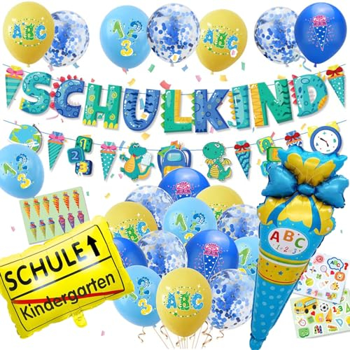 Einschulung Deko Junge 2024 Schulkind Banner Blau Luftballons Schulanfang Junge Einschulung Deko set(Schulkind-Blau)