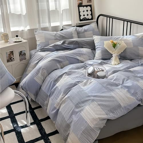 LifeTB Copripiumino in stile moderno patchwork king size copripiumino geometrico blu grigio beige plaid a righe patchwork copripiumino boho griglia plaid copripiumino a righe geometriche collezione