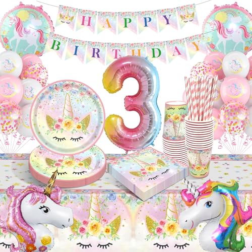 YEJIKJ 3 Años Decoraciones Cumpleaños Unicornio, Globos 3 Años Unicornio Vajilla para Fiestas, 3 Años Cumpleaños Juego de Vajilla Fiesta, Unicorn Party Kit para Cumpleaños Decoraciones(16 Invitados)