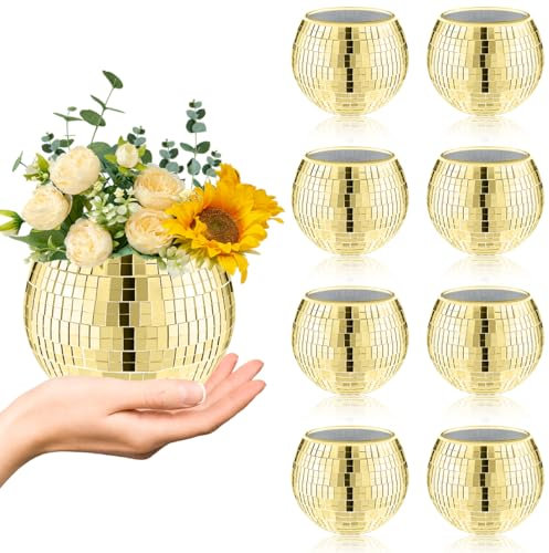 MXOYOXM 8 PCS Disco Ball Vase,Glass Disco Ball Planter Candle Holder Vase Bulk Mirror Disco Ball Flower Vase for Wedding Centerpieces,Birthday,Office,Bedroom(Gold)