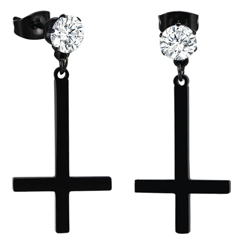 JewelryWe Petruskreuz Ohrringe für Herren Damen: Schwarz Edelstahl Zirkonia Satanische Ohrstecker mit Baumelnde Umgekehrt Upside Down Kreuz Unisex Ohrhänger Ohr Piercing Religiöses Schmuck
