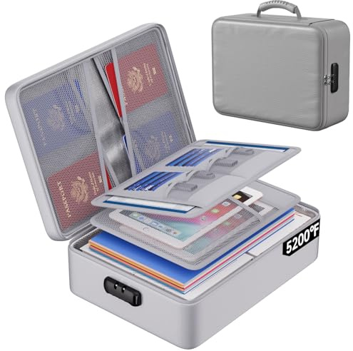 ENGPOW Feuerfeste Dokumententasche mit Schloss, wärmeisolierte, feuerfeste und wasserdichte Box, 8 Schichten, Dokumenten-Organizer, tragbare Aufbewahrungsbox für wichtige Dateien, Laptop, Silber
