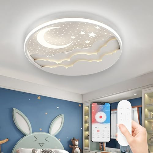 AHXIAOZN LED Kinder Deckenlampe, Stern Mond Deckenleuchte Mit Fernbedienung, Kinderzimmer Dimmbar Deckenleuchten, Kinderzimmer Schlafzimmer Lampe für Schlafzimmer Küche Esszimmer(Weiß)