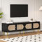 KOMHTOM Meuble TV Moderne Noir avec Portes en rotin, Meuble Tele avec Pieds en métal et 4 Portes Meubles de Salon (A)