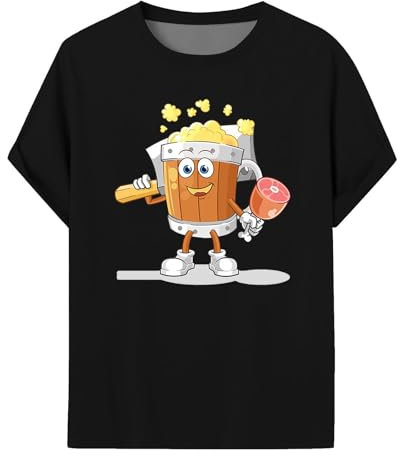 ColleeLin T Shirts Für Herren Pack Mode Sommer Kurzarm Top Cartoon Bierkrug Print Festival Street Style Blaues Hemd Herren (Black, XXXL)