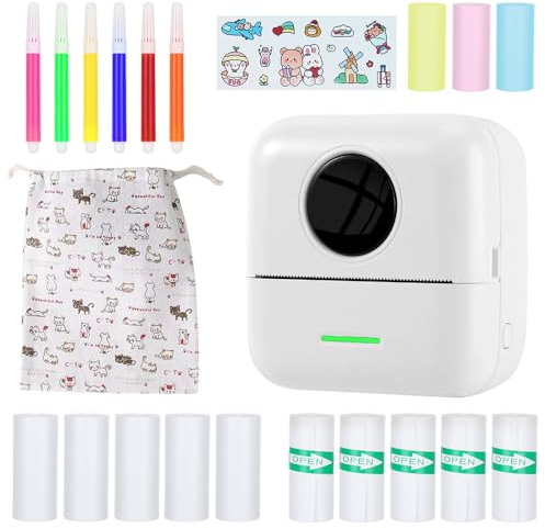 DAJASD Mini Drucker, Tragbarer Mini Fotodrucker, Thermodrucker mit 8 Rollen Druckerpapie und 6 Buntstifte, Smartphone Bluetooth Drucker, Taschendrucker für Liste, Notizen, Bilder, Reisen, Studium