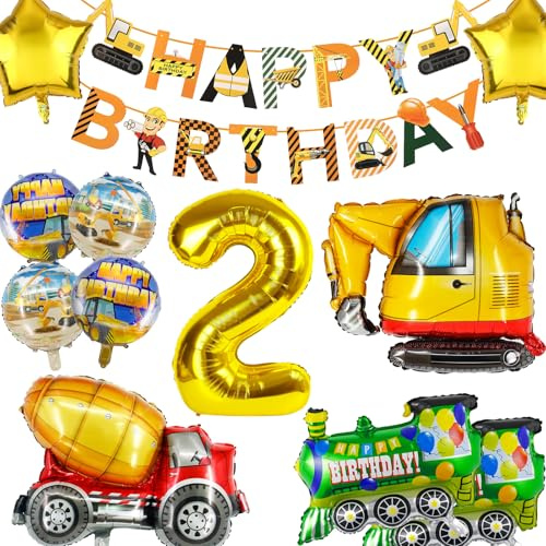 YianHien Bagger Geburtstag Deko Set mit 12 Stück Baustellen-Luftballons für 2-jährige Kinder, Bagger Deko Kindergeburtstag Theme Party Deko