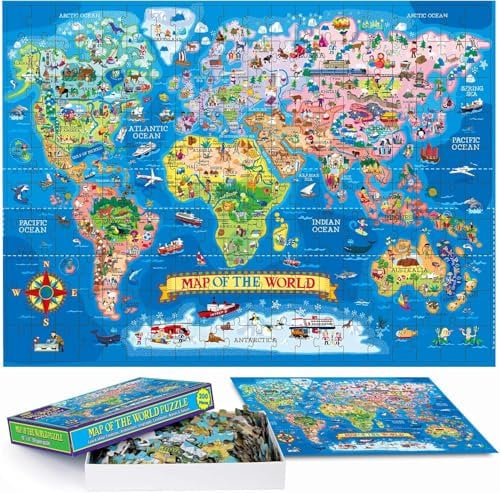 Educational & Learning World Map Jigsaw Puzzle, 200 Piece Geography Puzzle with Continents & Countries - learn world map Jigsaw for Kids Age 7+, Fun Activity for the for Children