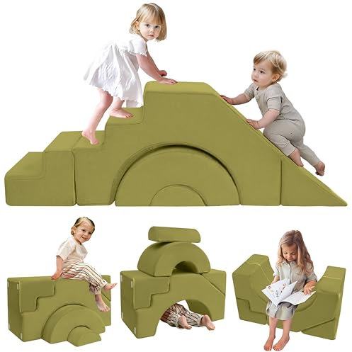 MeMoreCool Kindersofa Spielsofa, Modulares Schaumstoff Bausteine, Baby-Schlafsofa zum Klettern und Krabbeln, Softbausteine für Kinderzimmer oder Spielzimmer, Mini Sofa mit Rutsche und Treppe, Grün