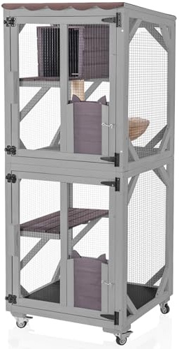 Aivituvin Cat Catio Outdoor Cat House Movable Cat Enclosures on Exercise Wheels Cat Cage with Upgraded Resting Box,Waterproof Cover (Grey, L)