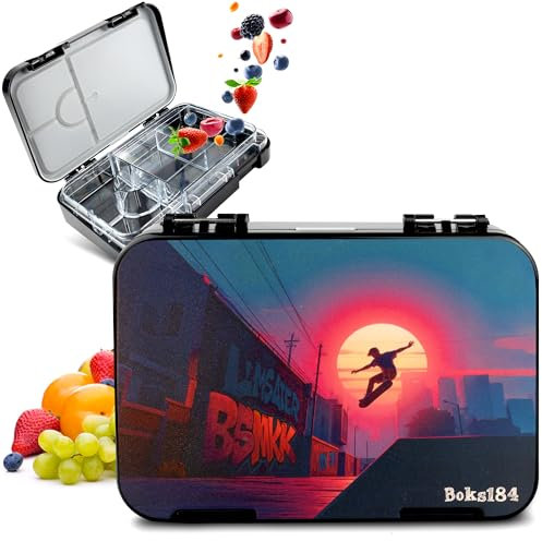 Boks184 Brotdose Kinder mit Fächern - Bento Box auslaufsicher - robust - BPA Frei Lunchbox - Brotbox für Schule, Kindergarten & Ausflüge - Snackbox -Vesperbox (Skater schwarz)