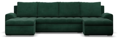 Mebligo - Ecksofa mit Schlaffunktion und 3 Bettkasten FORESTA 302x89x159 (BxHxT) Cord - Dunkelgrün - Couch U Form, Sofa im Sitz: Wellenfeder + Schaumstoff, Sofas & Couches, Eckcouch
