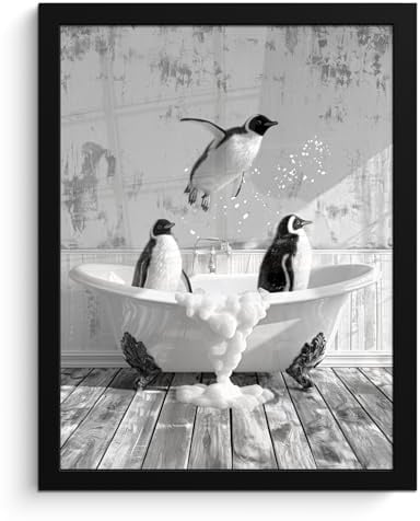 MuchoWow© Wandbilder mit Rahmen Wanddeko Bilder Wohnzimmer Moderne | 30x40 cm - Zimmerdeko Geschenk Bilderrahmen Vintage - Pinguin - Badewanne - Schaumstoff - Schwarz und weiß