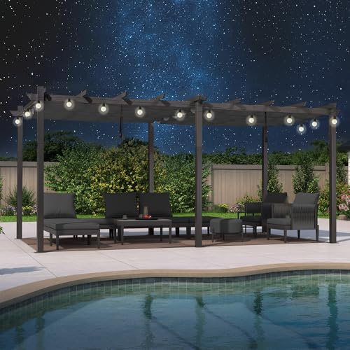 PURPLE LEAF Pergola 3.65 × 5.5 m Alu mit LED Licht & Schiebedach, Grau | 21.6 m 36 LED Licht, Große Schattenzone, 180g/m² UV50+ Stoff, Verstellbarer Schattenfläche, Alu-Rahmen,Terrassenüberdachung