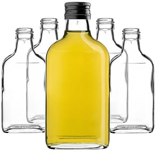 KADAX Lot de 5 gourdes Plates en Verre 200ml – Petites fioles à Bouchon vissant pour liqueurs, alcools & décorations
