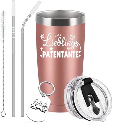 Diztoud Patentante Geschenk, Lieblingspatentante, Geschenke für Beste Patentante, Tante Geschenke zum Weihnachten, 600ml Doppelwandig Edelstahl Thermobecher mit Deckel und Strohhalm Schlüsselanhänger
