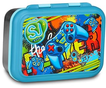 PRESTIGE & DELUXE Portamerenda Lunch Box Sj Seven Boy Joystick Giocatore Dim. 18 x 12 x 7 cm per Scuola, Gite, Picnic e Mare + portachiave fischietto