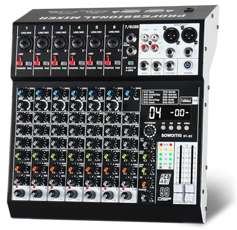 SOWOITIG Audio Mixer 8 Channel Professional Sound Mixer Console with 99 DSP Effects, Mixing Board DJ Mixer w/USB, Bluetooth, 48V Power Supply, PAD Button for Recording Karaoke PA Drum Live Music