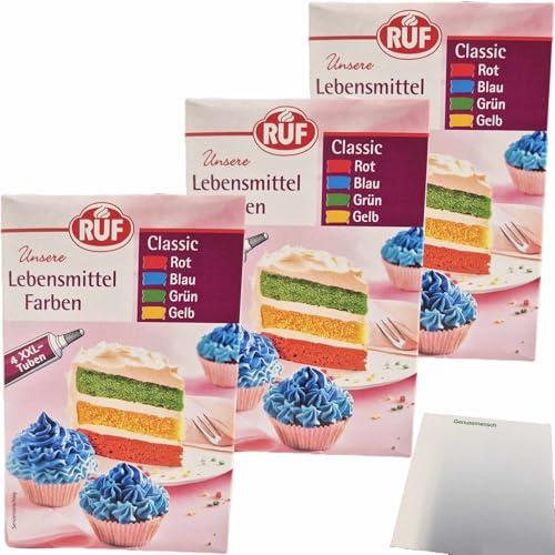 usy Bundle für RUF Lebensmittel Farben Classic Rot, Blau, Grün und Gelb 3er Pack (12x 20g Tuben) + usy Block