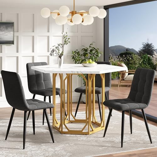 Kelodan Esstisch-Set sechseckig 110x95x76cm, polygonaler Tisch für 4 Personen, Sitzbank aus Leinen, Esstisch mit Marmorplatte, 4 graue Stühle
