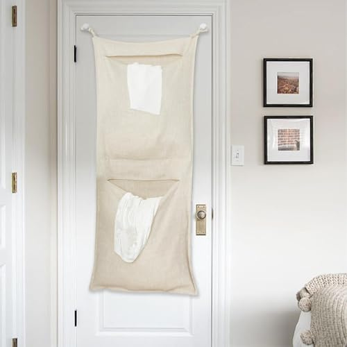 HSOFTIFY 100% Natural Linen Hanging Laundry Bag 2 Compartments with Ties | Saving Space Pure Linen Over the Door Laundry Hamper with Zips, for Bathroom Dorm Home Travel, 19.7 x 47 inch