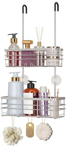 HapiRm Hanging Shower Caddy Organiser - 2 Tier Over Door Shower Caddy with Hooks, No Drilling Shower Organiser with Portable Pole, Rustproof 304 Stainless Steel Bathroom Hanging Storage